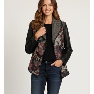 CHRISTOPHER & BANKS Faux Leather Tweed Floral Open Jacket Blazer, Women’s M